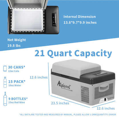 Alpicool 20L Компресорен Авто Хладилник и Фризер -20°C | 12V / 24V / 220V | Портативна Хладилна Кутия за Кола, Къмпинг и Каравана-T428