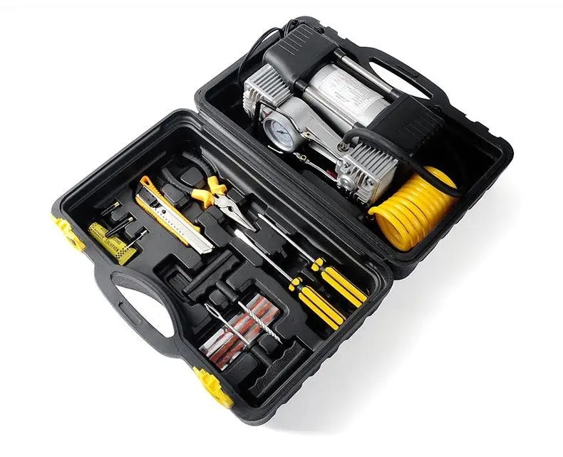 Двуцилиндров компресор за гуми в куфар с инструменти